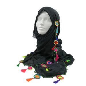 Siyah Pamuklu Tılsımlı Neon Tığ Oyası Fular Eşarp